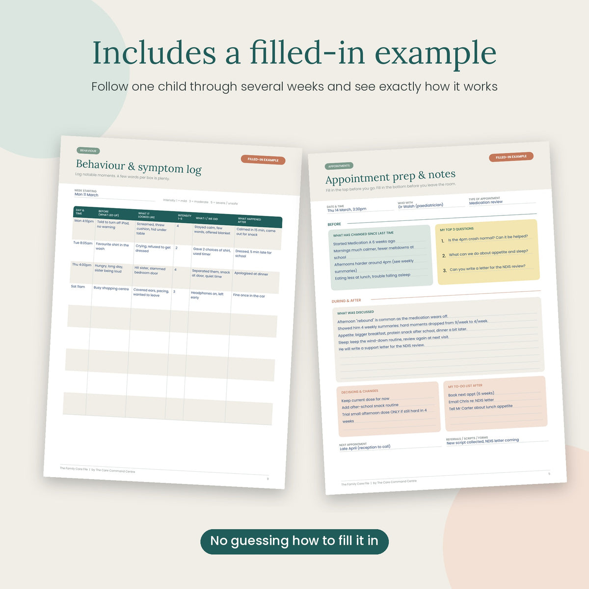 Two printable worksheet pages shown on a soft pastel background with marketing text above and below. The pages appear to be a therapy or counseling support tool set, including a behaviour & symptom log and an appointment prep & notes sheet.