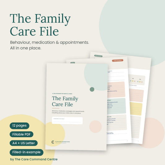Promotional graphic for a digital printable document titled 'The Family Care File' showing a cover page and several interior pages fanned out behind it. Large text reads 'The Family Care File' with subtitle 'Behaviour, medication & appointments.
